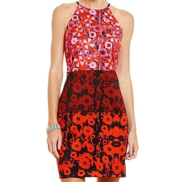 Badgley Mischka Red Pink Multicolor Romantic Printed Halter Sheath Dress Size 14 - Picture 1 of 15